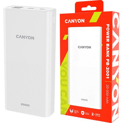 Внешняя батарея CANYON CNE-CPB2001W, батарея 20000 мАч, белая, 2xUSB 