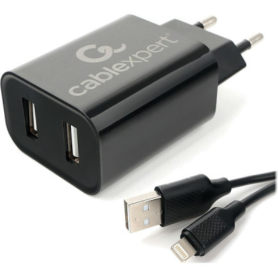 Зарядное устройство Cablexpert, 2хUSB 2.4A + кабель Lightning 1м, [MP3A-PC-36] черный