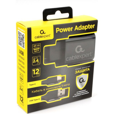 Зарядное устройство Cablexpert, 2хUSB 2.4A + кабель Type-C 1м, [MP3A-PC-37] черный