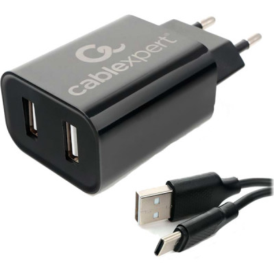 Зарядное устройство Cablexpert, 2хUSB 2.4A + кабель Type-C 1м, [MP3A-PC-37] черный
