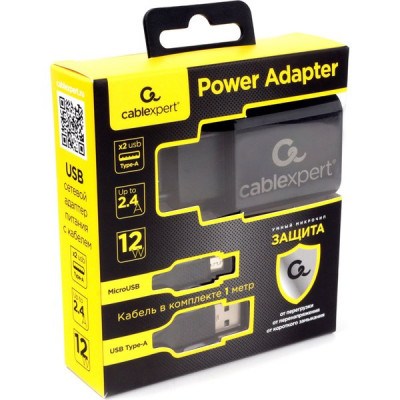 Зарядное устройство Cablexpert, 2хUSB 2.4A + кабель microUSB 1м, [MP3A-PC-35] черный