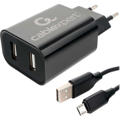 Зарядное устройство Cablexpert, 2хUSB 2.4A + кабель microUSB 1м, [MP3A-PC-35] черный