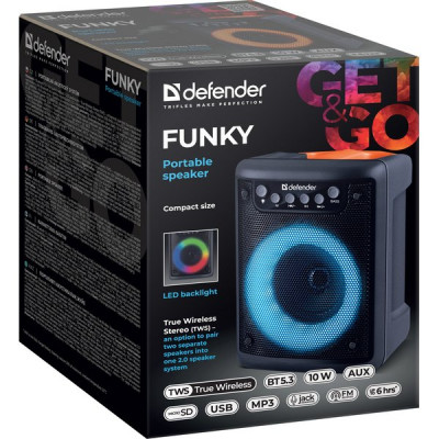 Колонка DEFENDER Funky, 10W, портативная, Light/BT/FM/USB/MIC/AUX [65053]