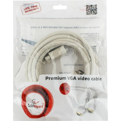 Кабель VGA 15M/15M  5,0м Premium тройной экран, феррит.кольца Cablexpert [CC-PPVGA-5M]