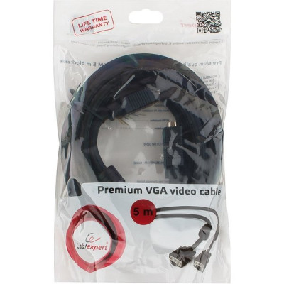 Кабель VGA 15M/15M  5,0м Premium тройной экран, феррит.кольца, черный Cablexpert [CC-PPVGA-5M-B]