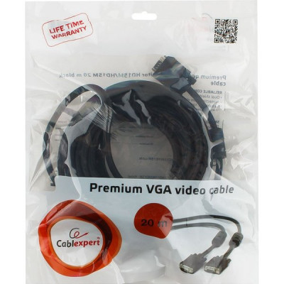 Кабель VGA 15M/15M 20,0м Premium тройной экран, феррит.кольца, черный Cablexpert [CC-PPVGA-20M-B]