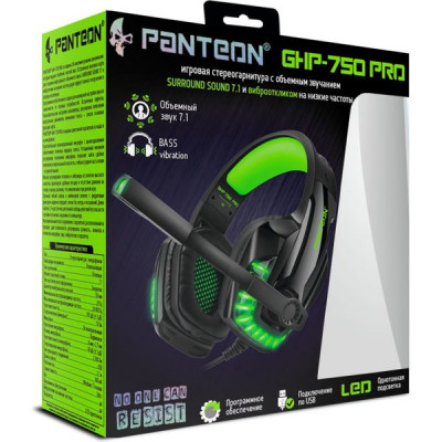 Гарнитура Jet.A GHP-750 PRO, полноразмерная, вирт.звук 7.1. рег. громк.,LED, чёрно-зеленая, каб.2.1м