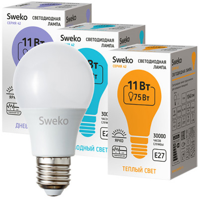 Лампа LED E27/A60 груша, 11W, 4000K, 960Лм, Sweko [42LED-A60-11W-230-4000K-E27-P]