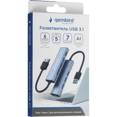 Концентратор USB 3.1 GEMBIRD UHB-U3P7-01, 7 портов, 7xUSB 3.0, кабель USB 19 см