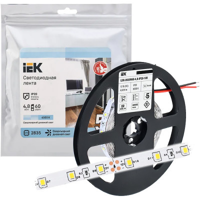 Лента LED 12В IP20 SMD2835  60/м, б/хол, 4.8Вт/м, 6500K, 5м/ц.1м IEK [LSR1-2-060-20-3-05]