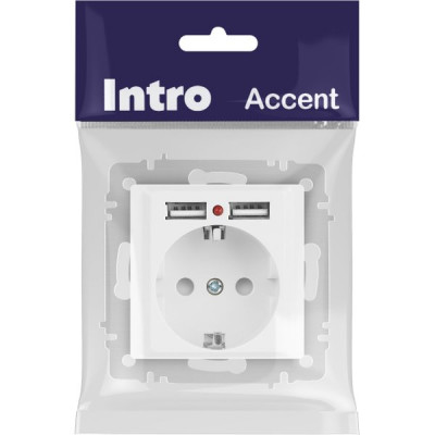 Розетка с/у 2P+E 16А, IP20, со шторками +2xUSB, Intro Accent [6-410-01М] белый матовый