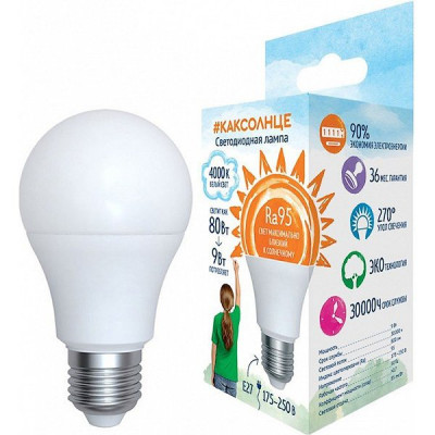 Лампа LED E27/A60 груша,  9W, 4000K, 800Лм, Ra95, Uniel [LED-A60-9W/4000K/E27/FR/RA95 PLK01WH]