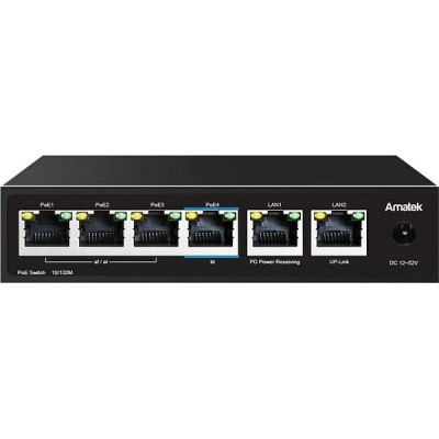 Удлинитель PoE 4PoE Amatek OUT[100Mbps] + 2Uplink[100Mbps]; 60Вт; DC 12-52В/PoE IN; IP54 [AN-PE42]