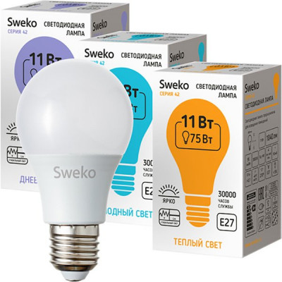 Лампа LED E27/A60 груша, 11W, 6500K, 990Лм, Sweko [42LED-A60-11W-230-6500K-E27-P]