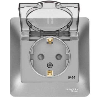Розетка с/у 2P+E 16А, IP44, с крышкой/шторками, Schneider Electric Glossa [GSL000348] алюминий