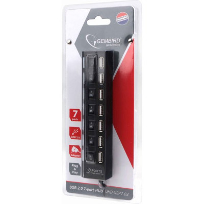 Концентратор USB 2.0 GEMBIRD UHB-U2P7-02, 7 портов, c подсветкой и выключателями + блок питания