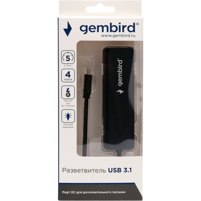 Концентратор USB 3.0 GEMBIRD UHB-C364, 4 порта, кабель 15см Type-C, с доп питанием