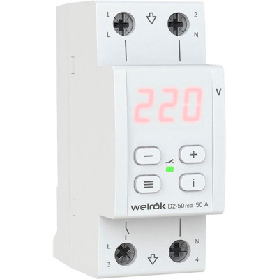Реле напряжения 1-фазное, 50А, 11000ВА, 100–420В, Welrok [D2-50 red] красный индикатор