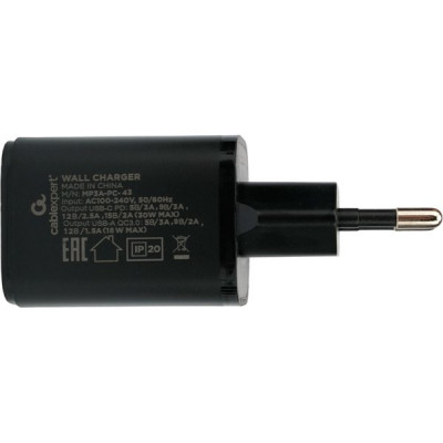 Зарядное устройство Cablexpert, USB+Type-C, QC3.0+PD30W [MP3A-PC-43] черный