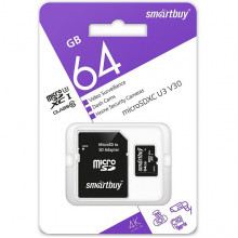 Карта памяти Micro SDXC 64Gb SmartBuy Class 10 U3 V30 для видеонаблюдения с адаптером