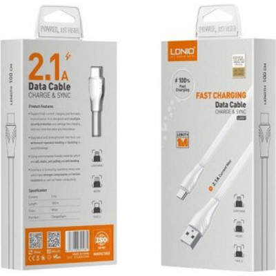 Кабель USB - microUSB, 1.0м, 2.1А, LDNIO LS551 [LD_C3827] медь, 60 жил, ПВХ, плоский, белый