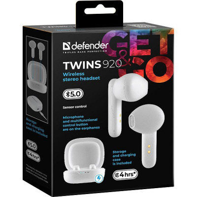 Гарнитура Defender Twins 920, белый, беспроводная TWS [63920]