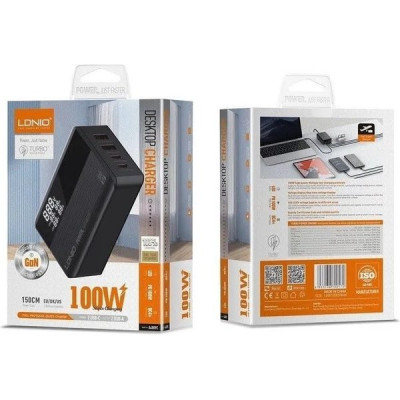 Зарядное устройство LDNIO, 1xUSB-A+3xUSB-C, max100W, GaN+LED дисплей/PD+PPS+SCP+QC4+ [A4809C] черный