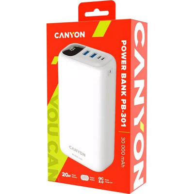 Внешняя батарея CANYON CNE-CPB301W, батарея 30000 мАч, белая, 2xUSB + Type-C + MicroUSB