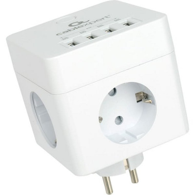 Разветвитель 4 розетки с заземлением, 16А/4000Вт, 4хUSB, Cablexpert Cube [CUBE-4-U4-W] белый