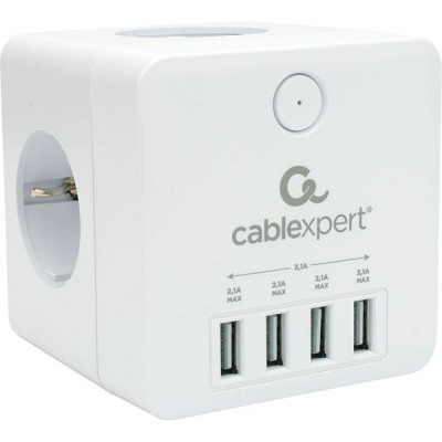 Разветвитель 4 розетки с заземлением, 16А/4000Вт, 4хUSB, Cablexpert Cube [CUBE-4-U4-W] белый