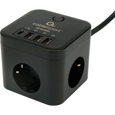 Сетевой фильтр  1.5м, 3 розетки, 10А/2500Вт, 3x0.75, 3хUSB+TypeC, Cablexpert Cube [CUBE-3-CU3-B-1.5]