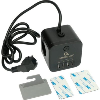 Сетевой фильтр  1.5м, 3 розетки, 10А/2500Вт, 3x0.75, 4хUSB, Cablexpert Cube [CUBE-3-U4-B-1.5] черный