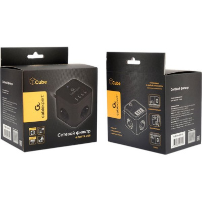 Сетевой фильтр  1.5м, 3 розетки, 10А/2500Вт, 3x0.75, 4хUSB, Cablexpert Cube [CUBE-3-U4-B-1.5] черный