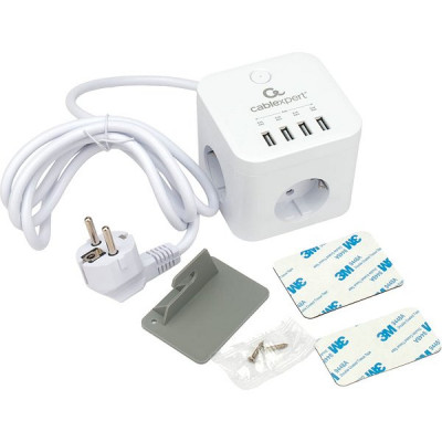 Сетевой фильтр  1.5м, 3 розетки, 10А/2500Вт, 3x0.75, 4хUSB, Cablexpert Cube [CUBE-3-U4-W-1.5] белый