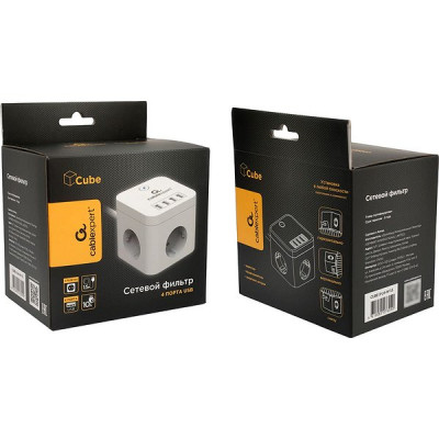 Сетевой фильтр  1.5м, 3 розетки, 10А/2500Вт, 3x0.75, 4хUSB, Cablexpert Cube [CUBE-3-U4-W-1.5] белый