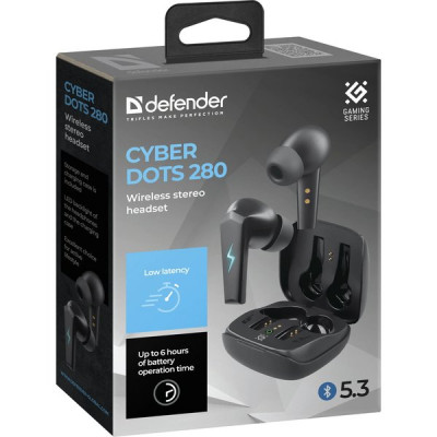 Гарнитура Defender CyberDots 280, черный, беспроводные игровые TWS [63280]