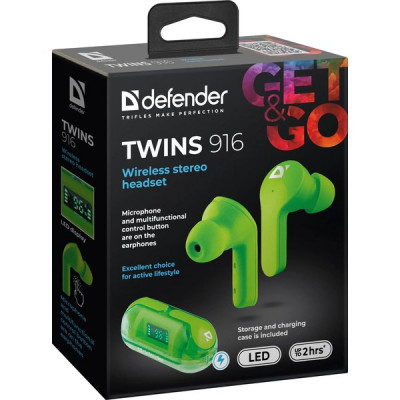 Гарнитура Defender Twins 916, зеленый, беспроводная TWS [63917]
