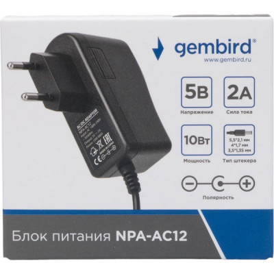Адаптер питания 5V 10W, 2A, пластик, штекер 5.5*2.1/4*1.7/3.5*1.35мм, Gembird [NPA-AC12]