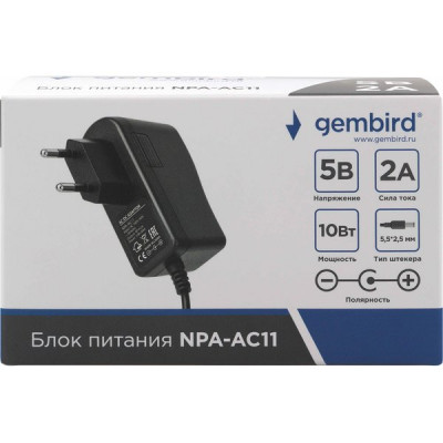 Адаптер питания 5V 10W, 2A, пластик, штекер 5.5*2.5мм, Gembird [NPA-AC11]