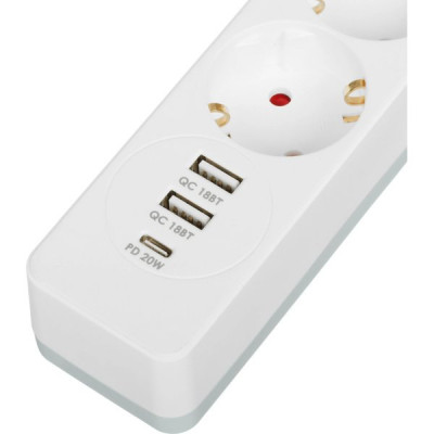 Сетевой фильтр  2м, 4 розетки, 10А/2500Вт, 2xUSB, 1xType-C PD QC, Гарнизон [EPS-OP-4-CU2-W-2] белый