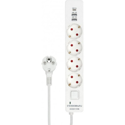 Сетевой фильтр  2м, 4 розетки, 10А/2500Вт, 2xUSB, 1xType-C PD QC, Гарнизон [EPS-OP-4-CU2-W-2] белый